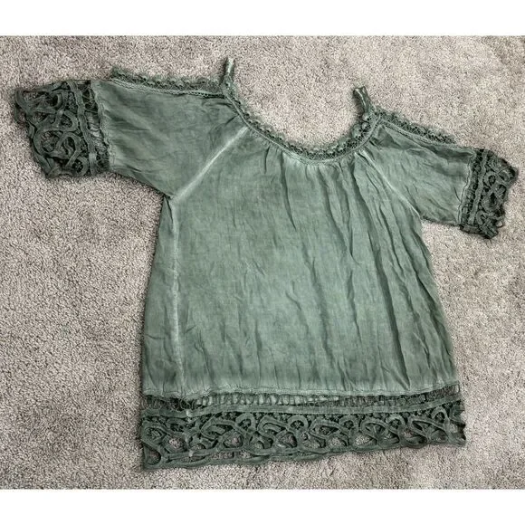 Belle France Green Lace Tunic Top Woman's Sz L Whimsy Goth Fairy Knit Italy - Picture 2 of 12